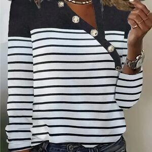 Women’s Striped V-Neck, Comfortable Stretch Knit, Long  Sleeve, Size M